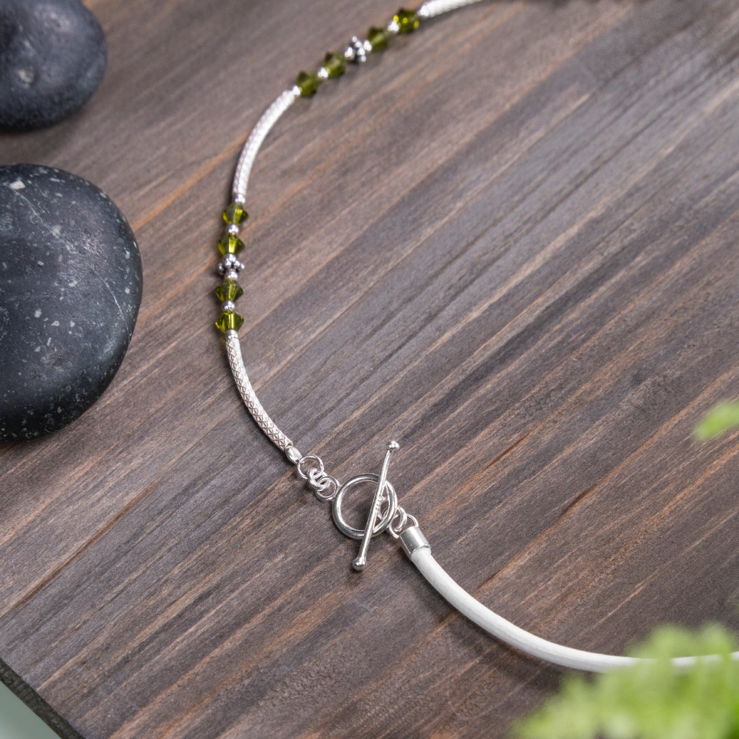 Balance Birthstone Olive Half & Leather Half Necklace (August)