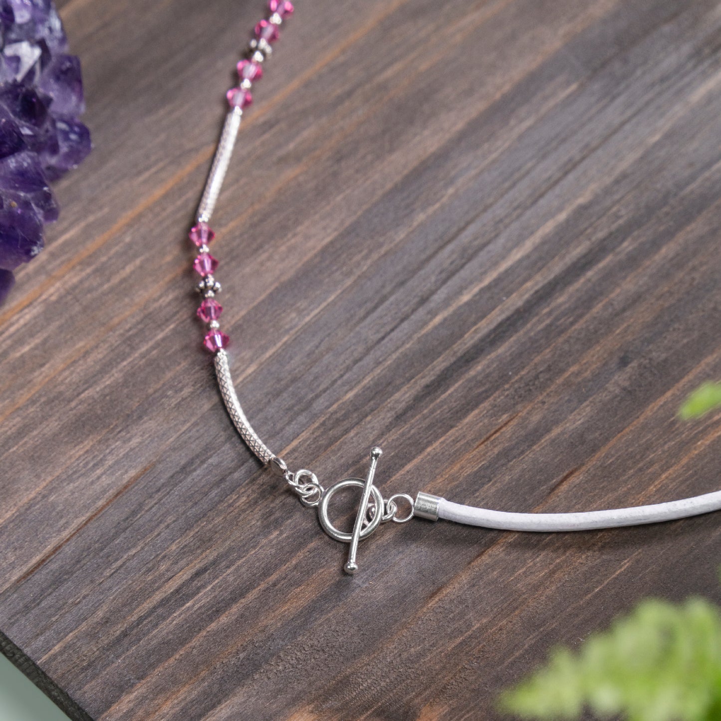 Balance Birthstone Pink Rose Half & Leather Half Necklace (October)