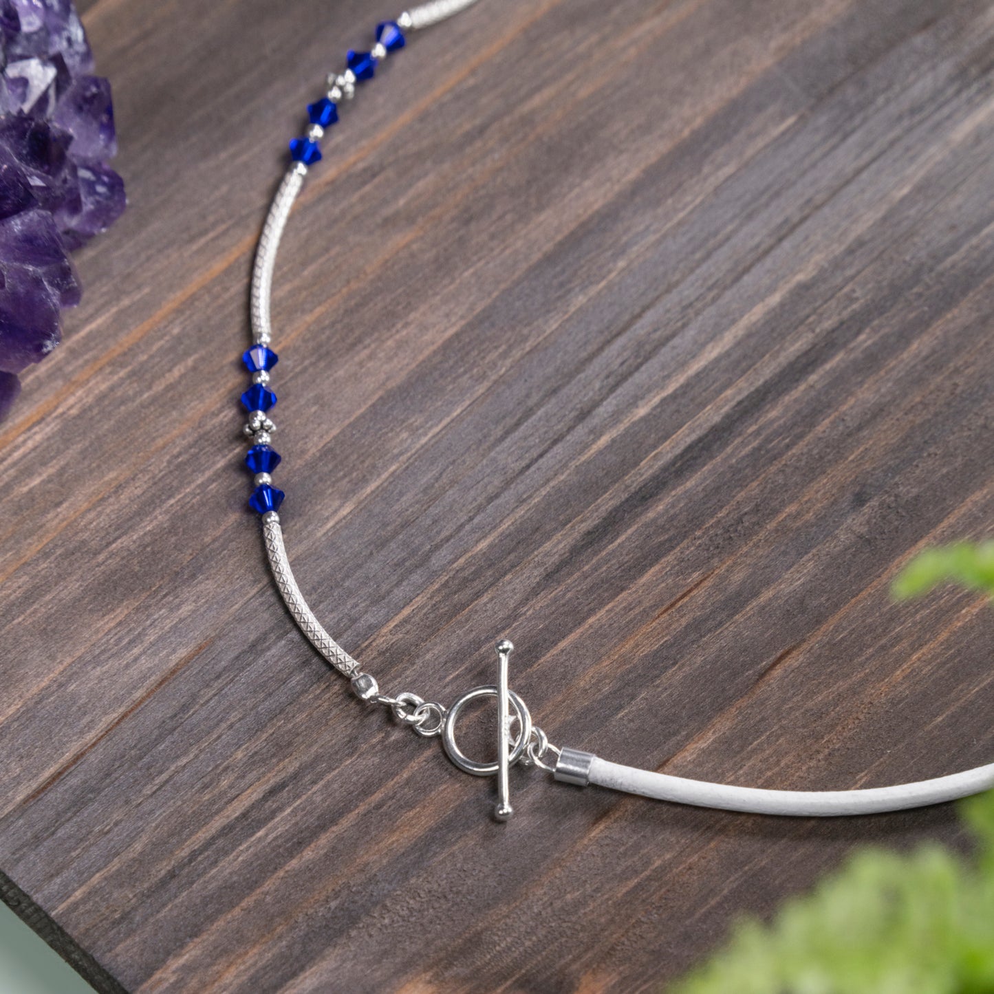 Balance Birthstone Sapphire Half & Leather Half Necklace (September)